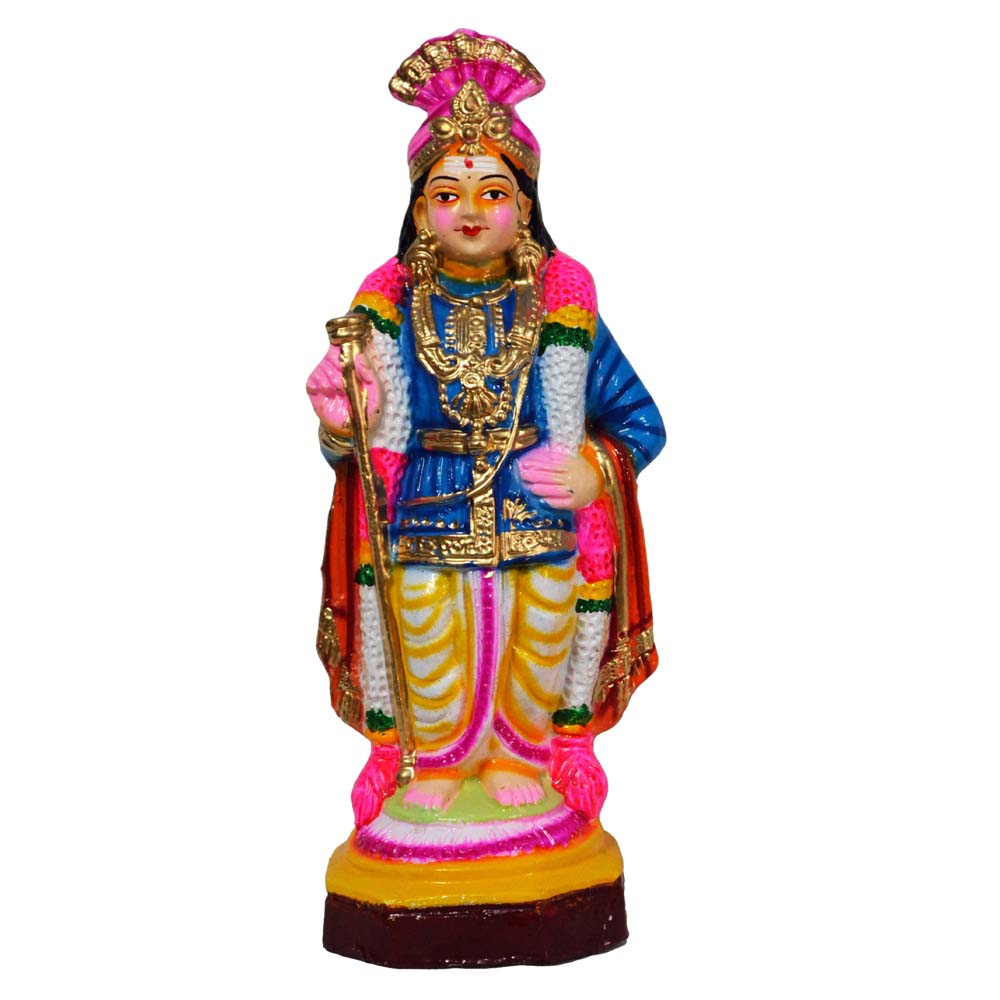 Handcrafted Navaratri Golu doll of Lord Murugan in Raja Alankaram, featuring royal attire with intricate details and vibrant colors.