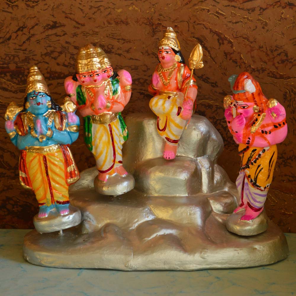 Handcrafted Navarathri Golu Dolls Murugar Upadesam Set with vibrant figurines of Lord Muruga and devotees on a silver rocky mount.