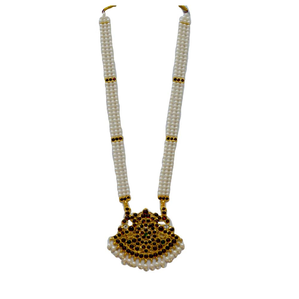 Traditional Temple Jewelry Muthu Malai Necklace adorned with red Kemp stones, pearls, and a gold-tone pendant