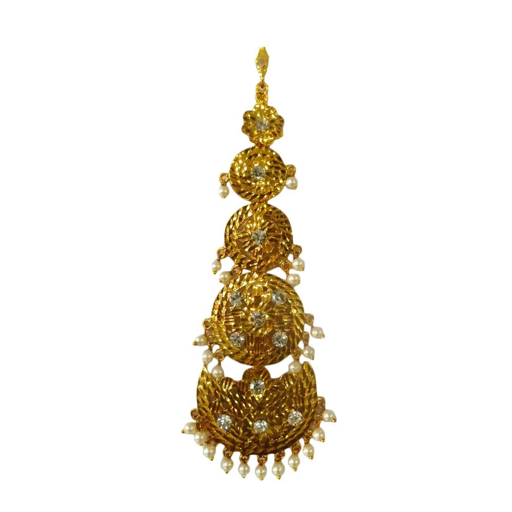 Traditional gold-tone multi-layer Nethi Chutti with pearl drops and intricate designs