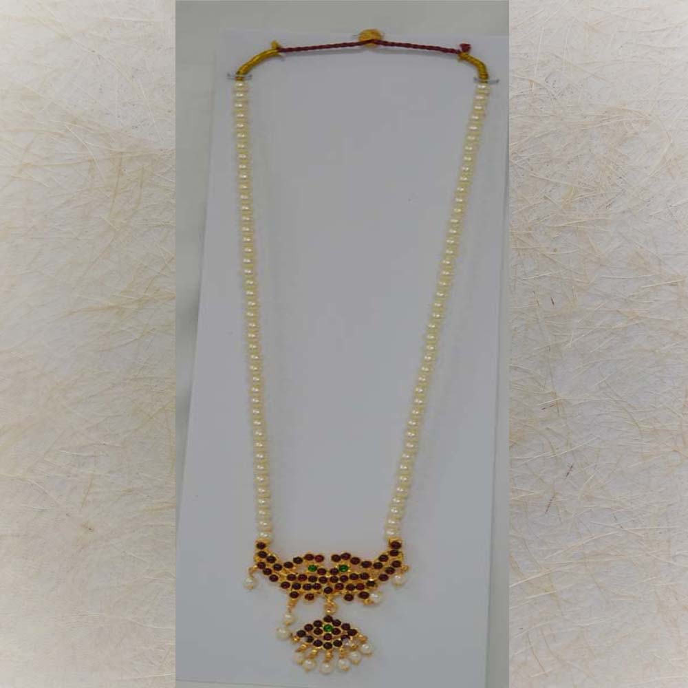 Traditional Temple Jewelry Muthu Malai with pearls and Kemp stone pendant
