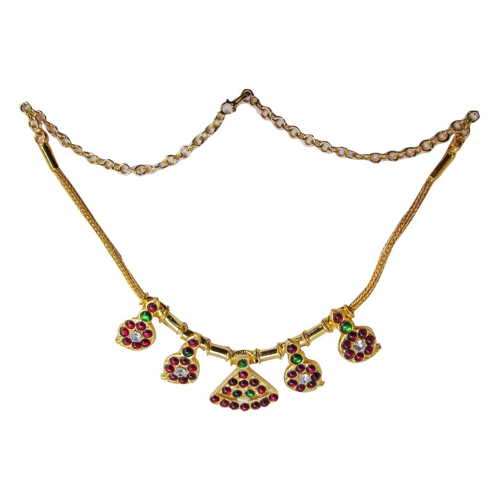 Traditional Temple Jewelry Short Necklace with red and green Kemp stones, pearl accents, and gold-tone pendants