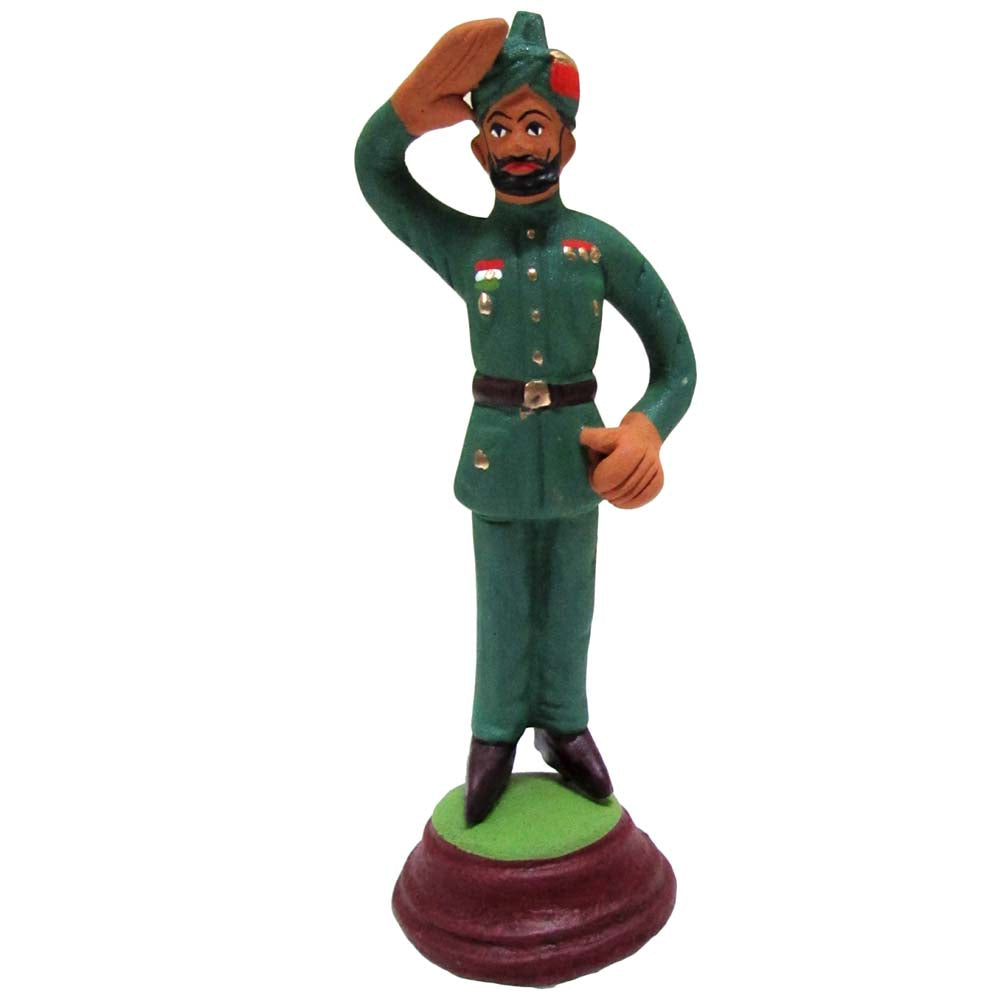 Handcrafted Miniature Indian Army Soldier Figurine in a green uniform with a salute pose.