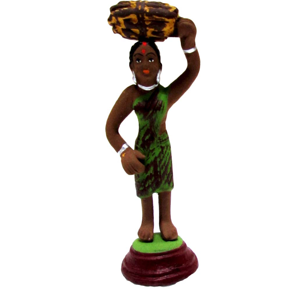Handcrafted Miniature Lady Woodcutter Figurine in a green saree, carrying a stack of wood on her head.