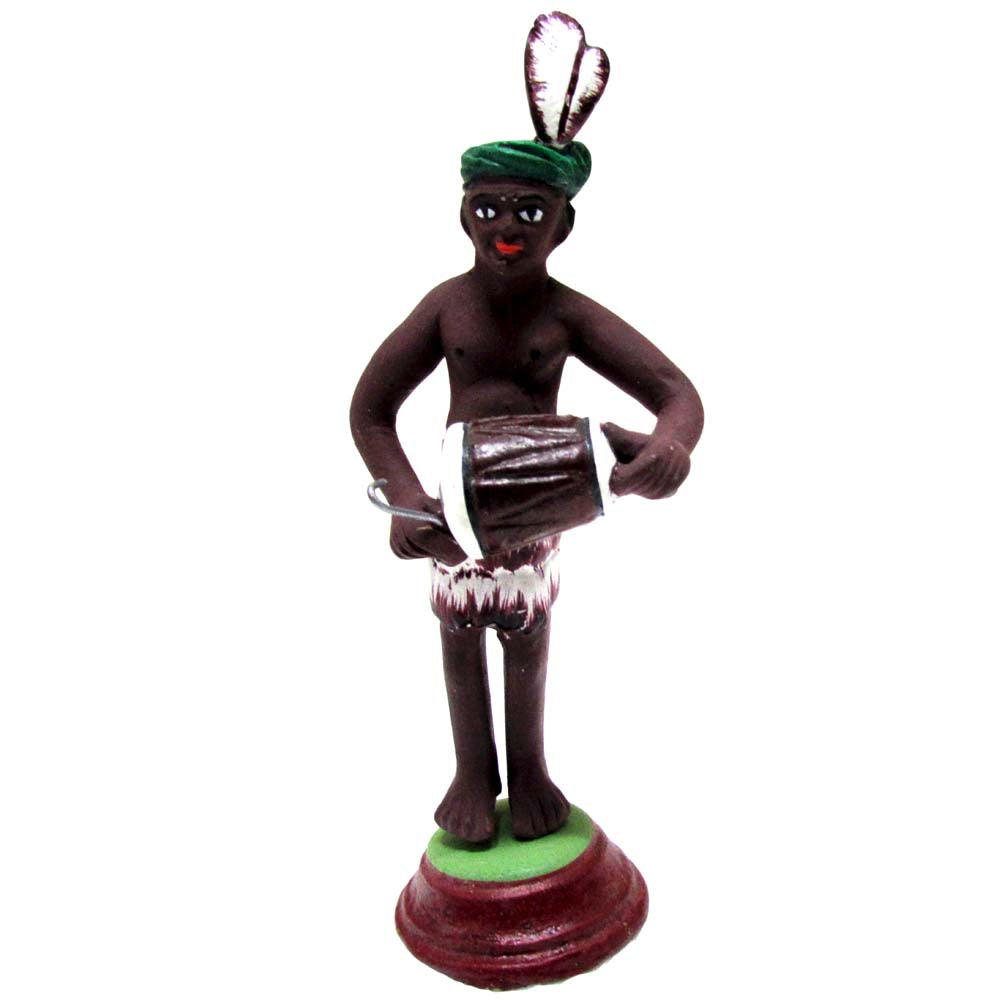 Handcrafted Miniature Tribal Drummer Figurine with a green headwrap, feathered headgear, and traditional drum.