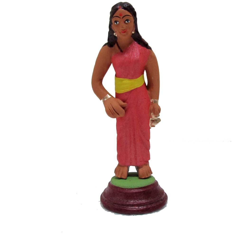 Handcrafted Miniature Spiritual Lady Figurine in an orange saree with a yellow waist wrap, showcasing traditional Indian attire.