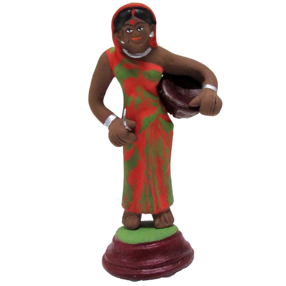 Handcrafted Miniature Tribal Woman Figurine in a red and green saree, holding a basket.
