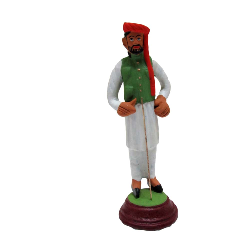 Handcrafted Miniature Sheikh Figurine in traditional attire with a red turban, green vest, and white outfit.