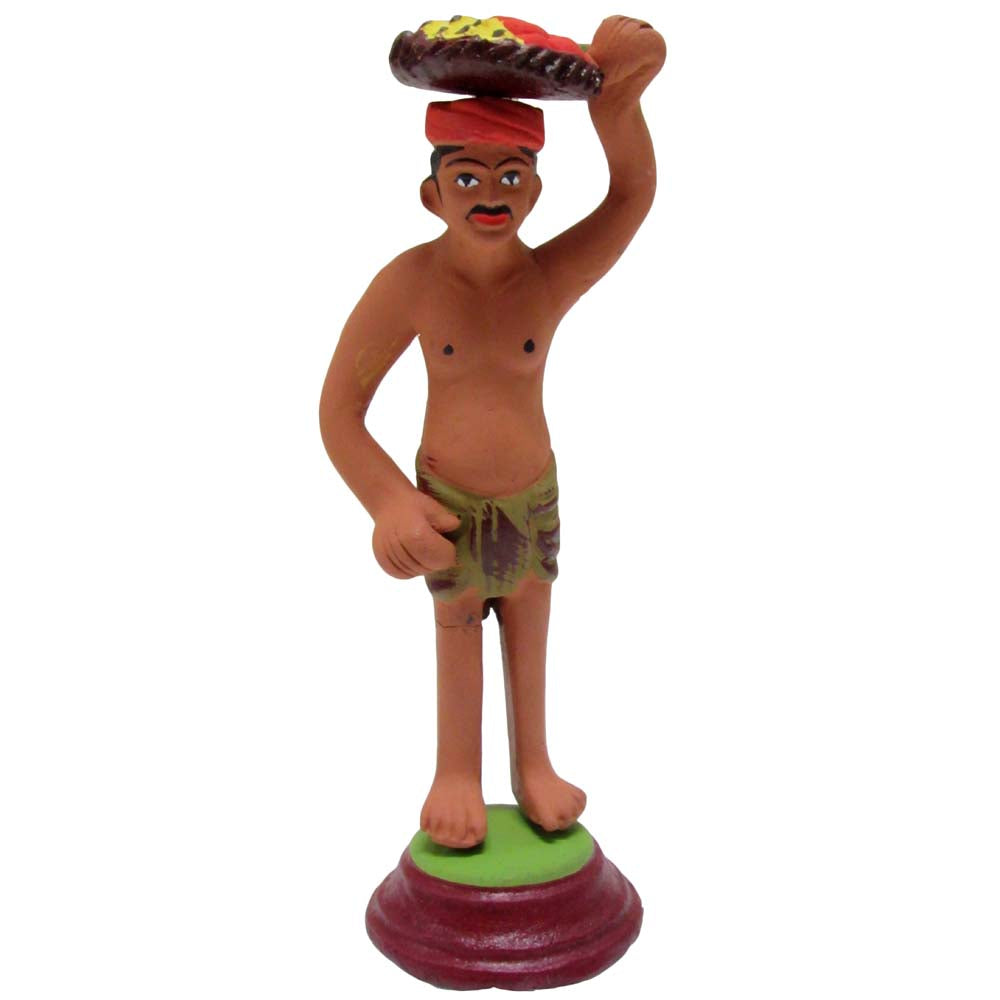 Handcrafted Miniature Fruit Seller Figurine with a white turban and a basket of fruits, ideal for home decor or Navaratri Golu.