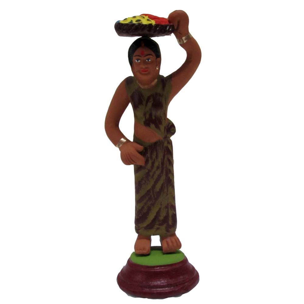 Miniature Doll of a traditional Indian woman carrying a basket on her head, ideal for Navaratri Golu or decor.