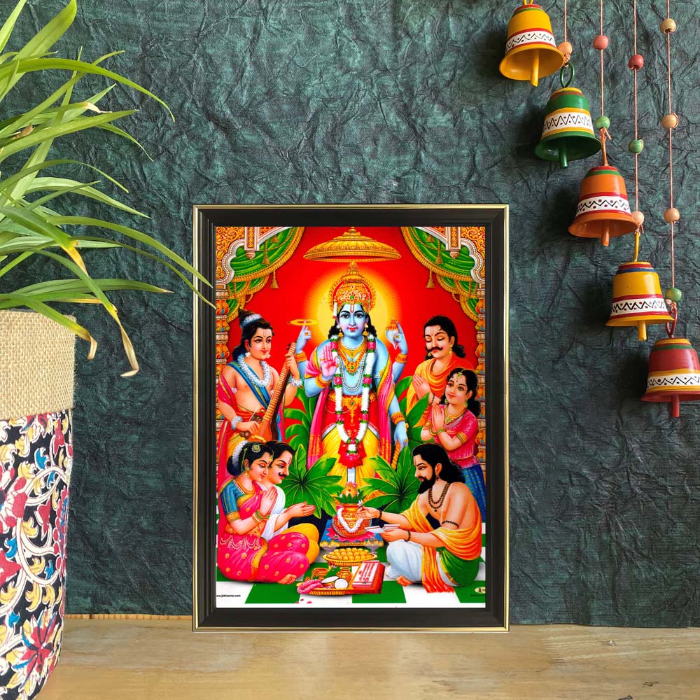 Framed artwork of Lord Vishnu presiding over a Yajna, surrounded by sages and celestial beings.