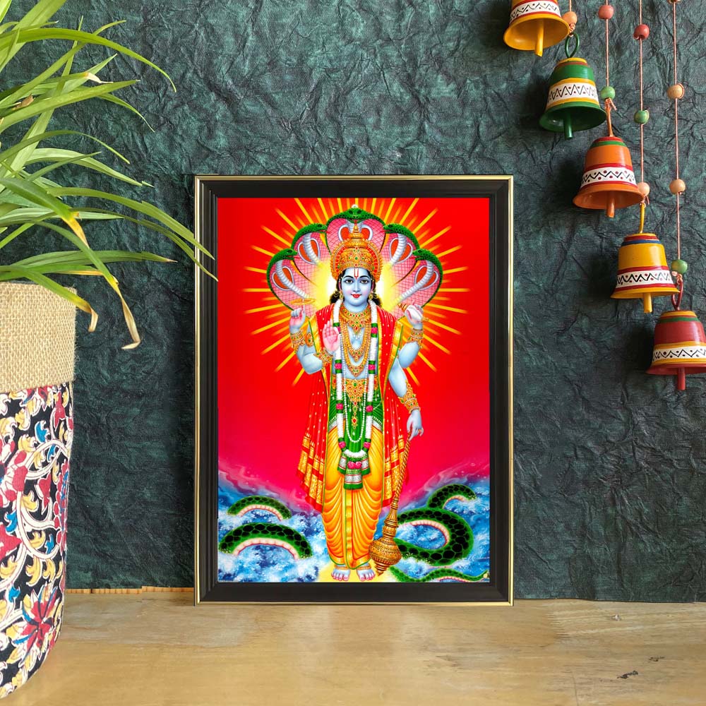 Lord Vishnu artwork featuring the deity standing with Shesha Naag against a radiant red background, exuding divine energy and protection.