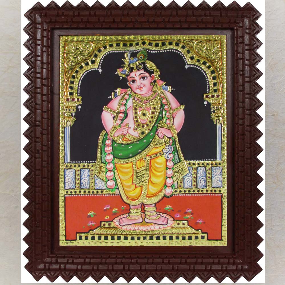 Tanjore painting of Vittoba Krishna standing gracefully, adorned with gold foil work, vibrant colors, and traditional details.