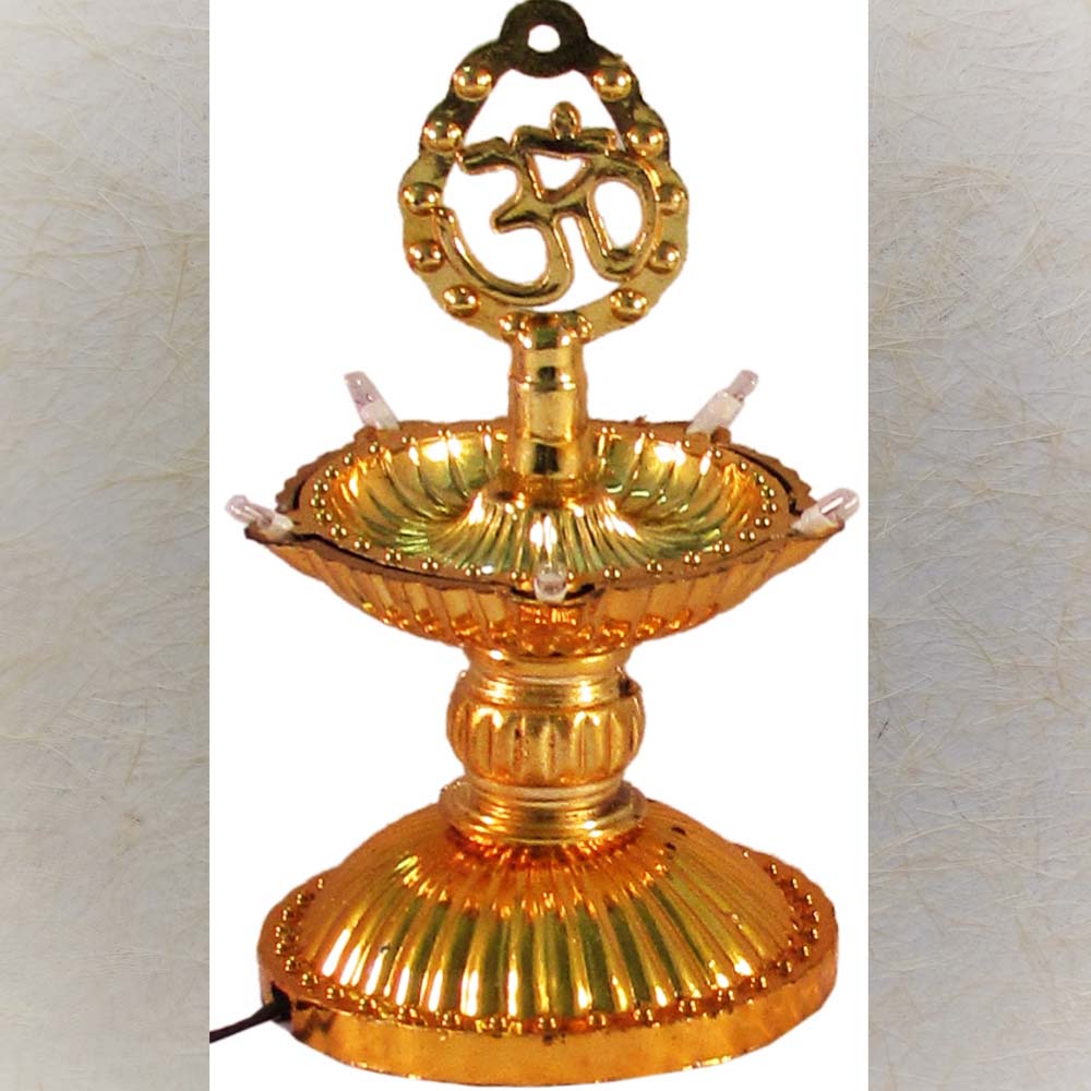 Compact Fancy Kuthu Vilakku brass lamp with electrical bulbs, featuring an Om symbol, ideal for rituals and festive decor.