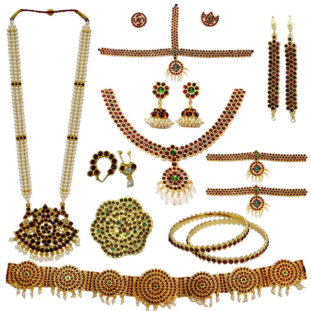 Traditional Bharatanatyam Arangetram Jewellery Set with temple-style ruby, emerald stones, and pearl detailing