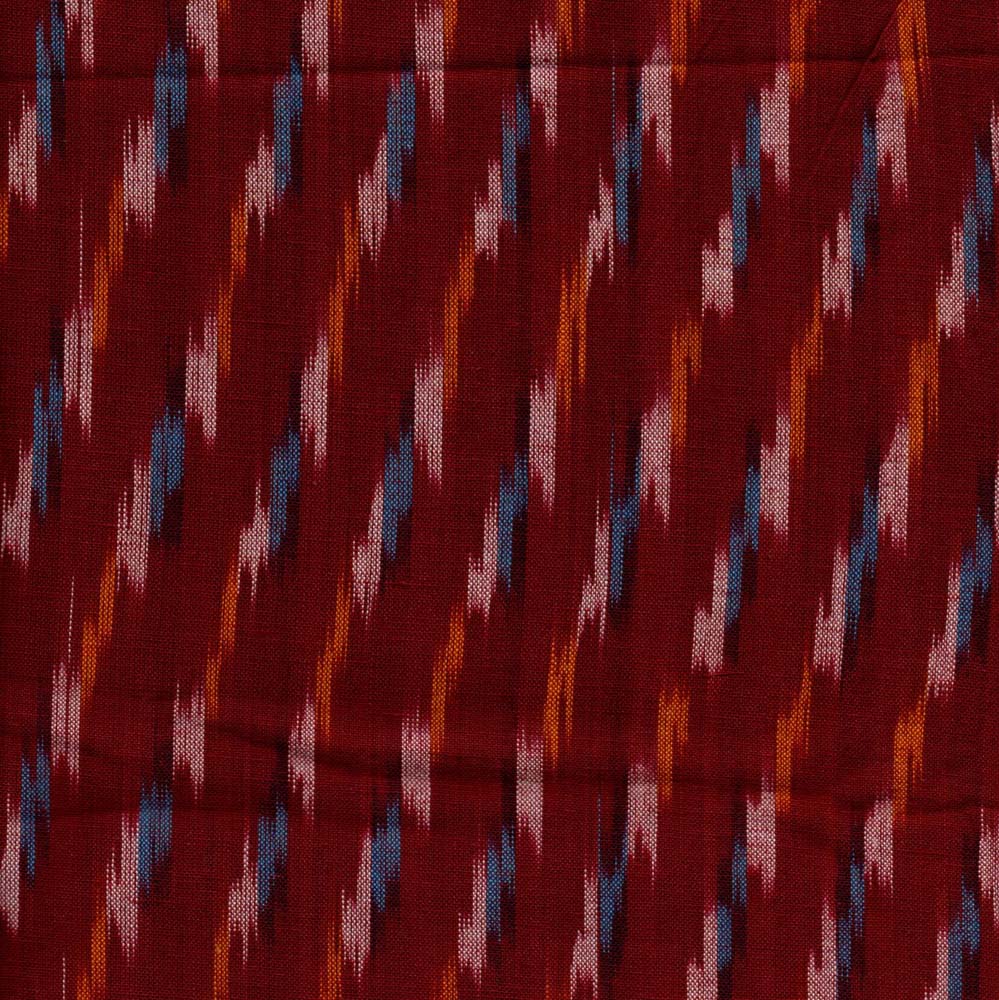 Maroon Ikat blouse fabric with multicolored handwoven patterns, 90 cm length.