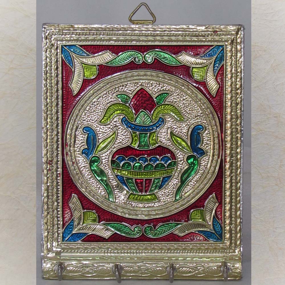Handcrafted Silvery Kalash Key Holder with colorful accents and multiple hooks