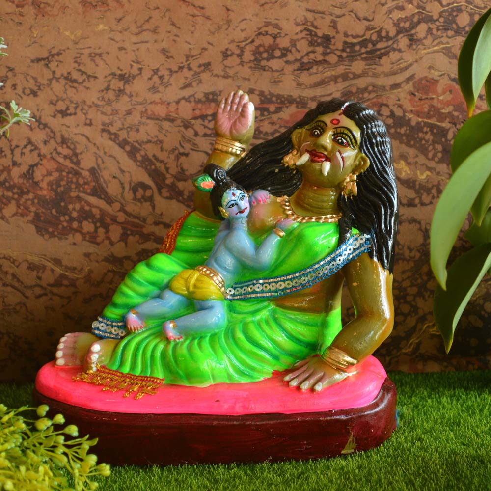 Handcrafted Golu Doll depicting Lord Krishna slaying the demoness Putana, vibrantly painted and perfect for Navaratri displays.
