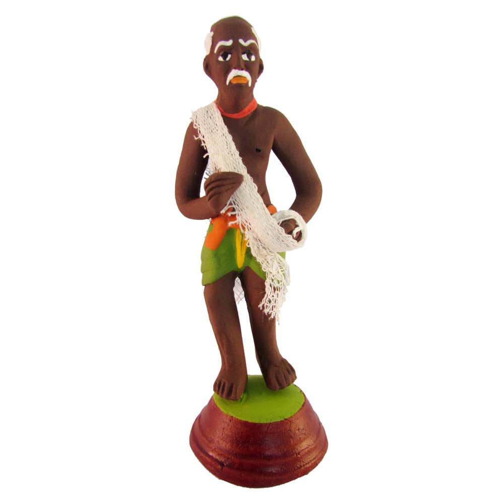 Miniature Golu doll of a traditional village elder with a towel over his shoulder, hand-painted with detailed craftsmanship.