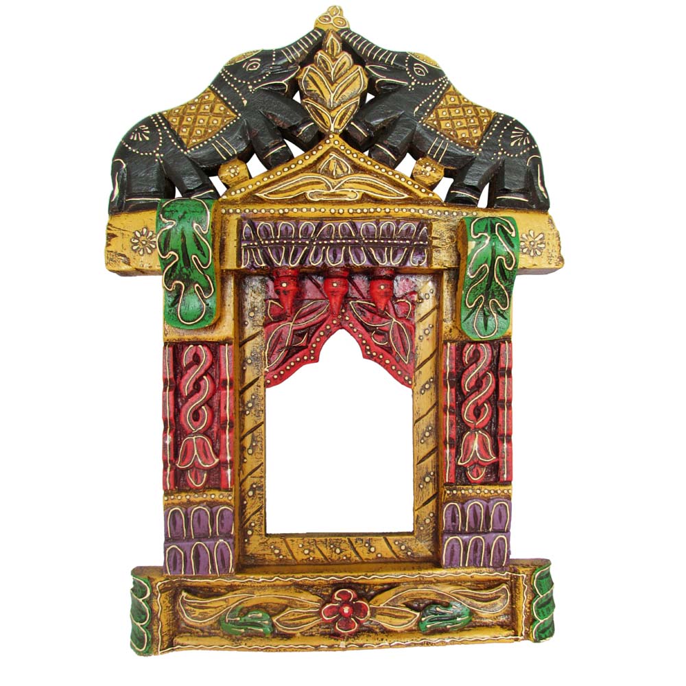 Handcrafted Wooden Jharokha Wall Decor with intricate elephant motifs and vibrant colors