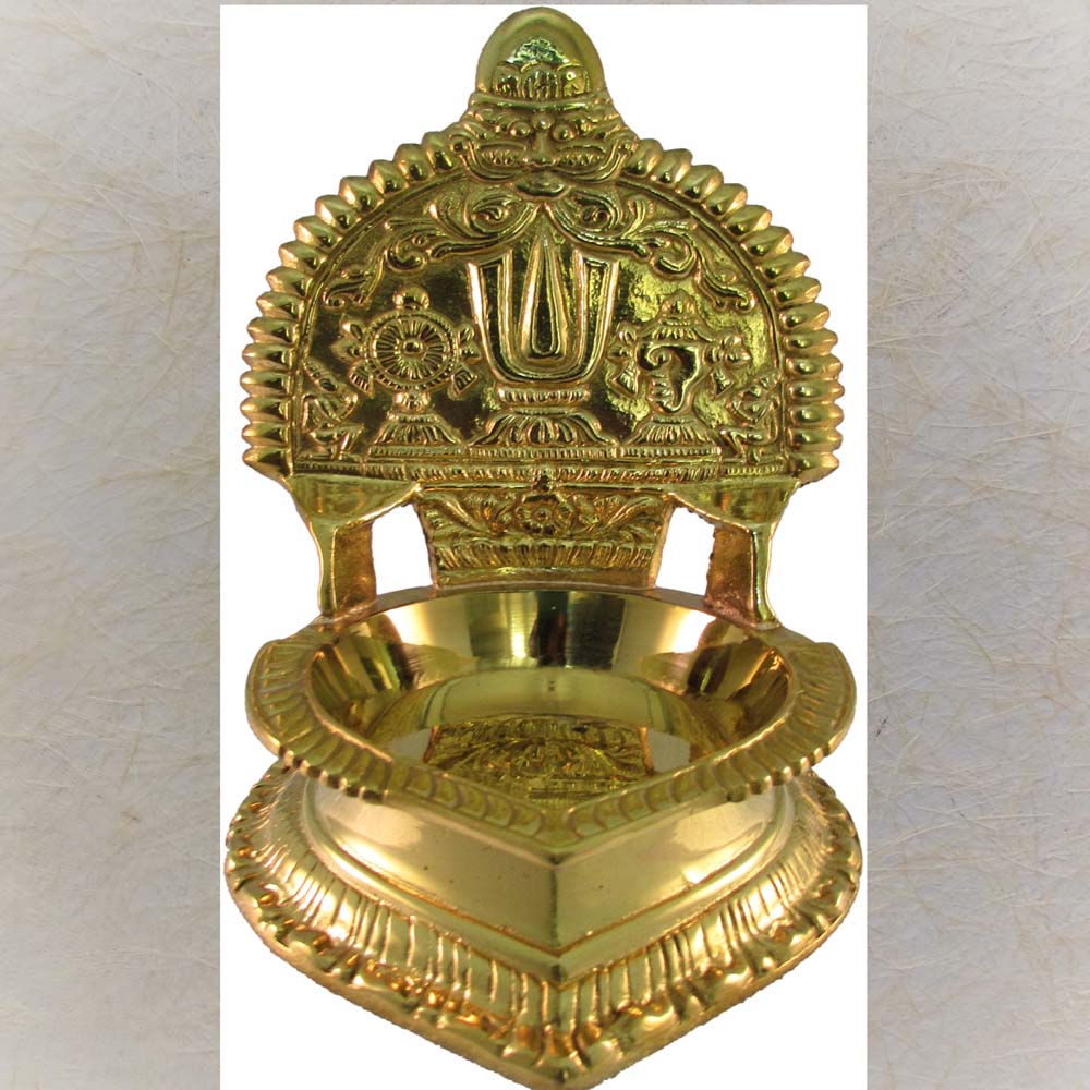 Eternal Shank Chakra Naamam Lamp crafted in brass with intricate carvings of sacred Vishnu symbols, perfect for rituals and decor.