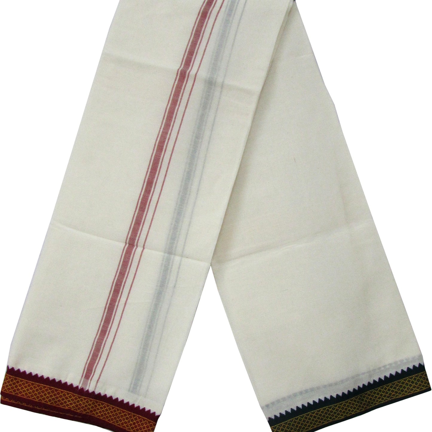 Traditional off-white vesti with red border, 4 mulam width, perfect for prayer and rituals.