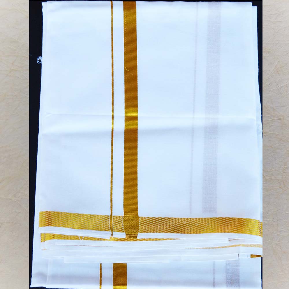 Panchavati Pattu Vesti in off-white with a golden border, 4 Mulam length, ideal for traditional occasions.