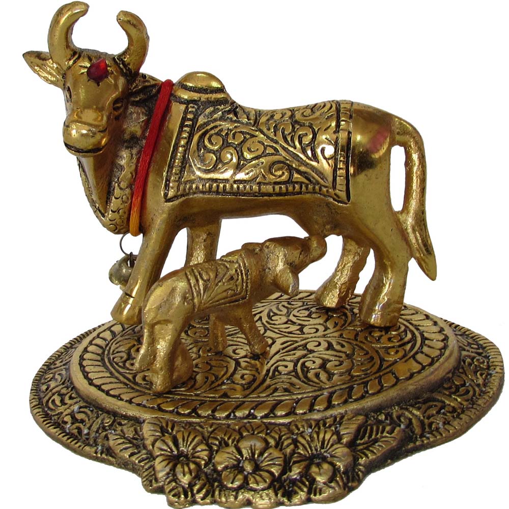 Silver-painted cow and calf figurine with intricate detailing and floral designs, perfect for spiritual and home decor use.