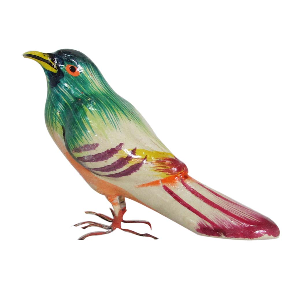 Handcrafted Navaratri Golu bird figurine with a green head and multicolor body, showcasing intricate hand-painted detailing.
