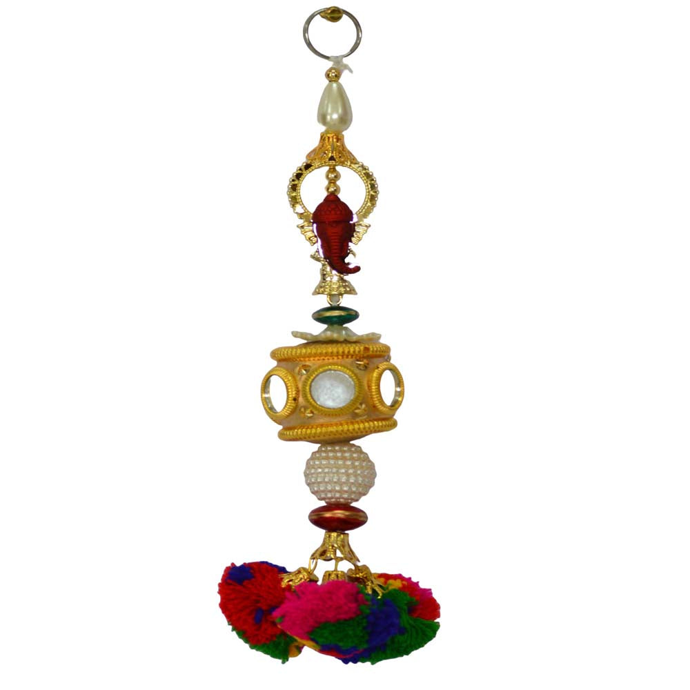 Elegant Ganesh hanging ornament featuring a beaded lantern, pearl accents, and vibrant pom-poms.