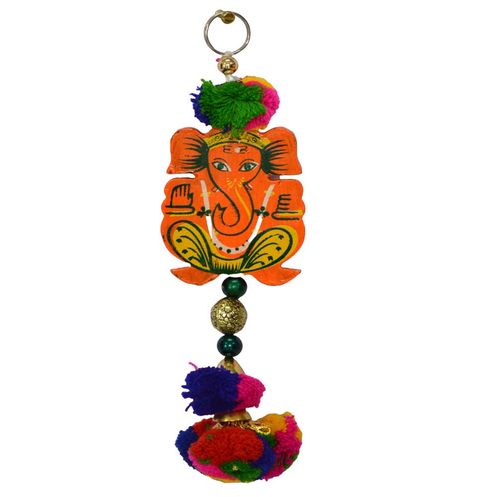 Vibrant handcrafted hanging ornament featuring a colorful depiction of Lord Ganesha with pom poms, beads, and a golden bell.