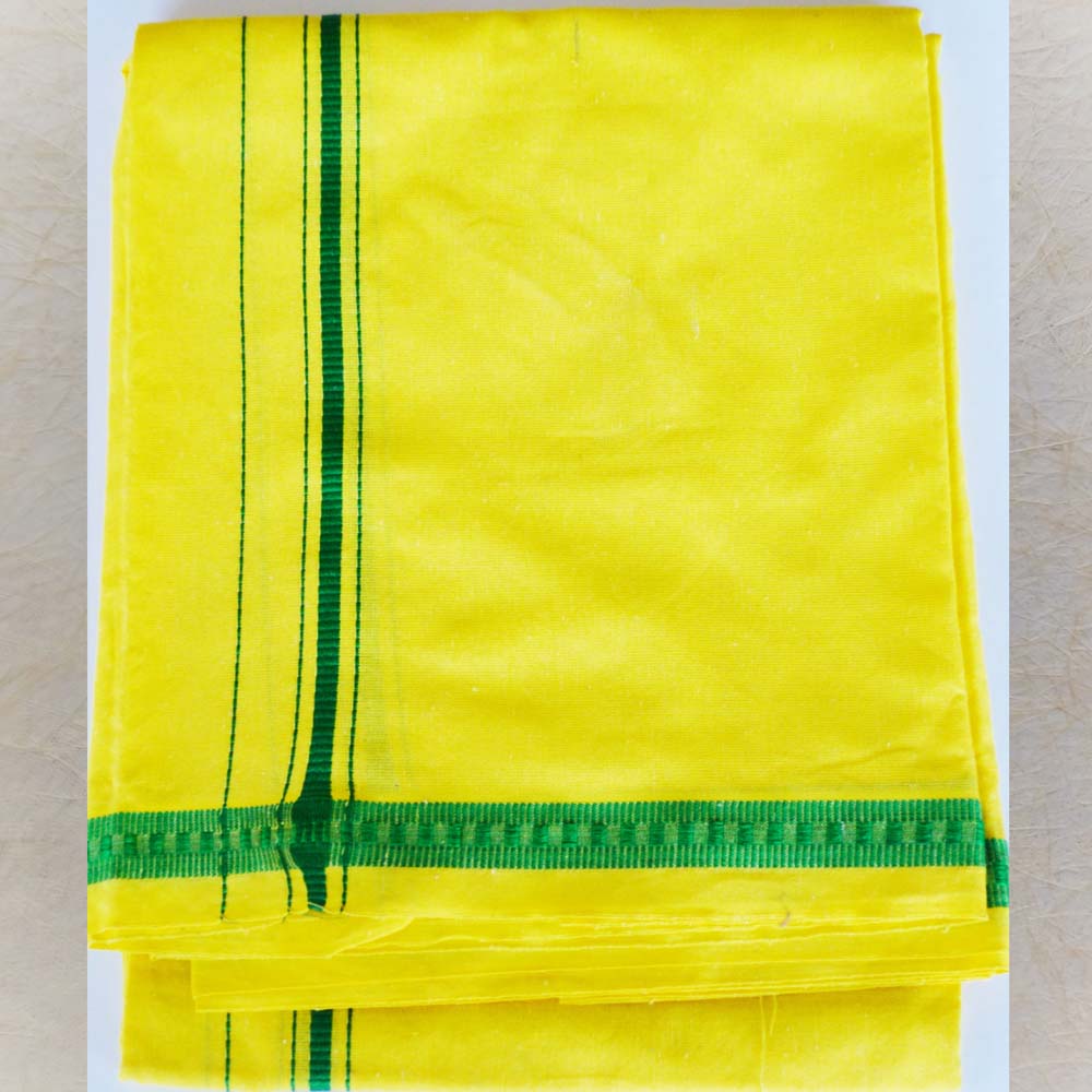 Yellow cotton prayer vesti with green border, 4 mulam width, ideal for rituals and ceremonies.