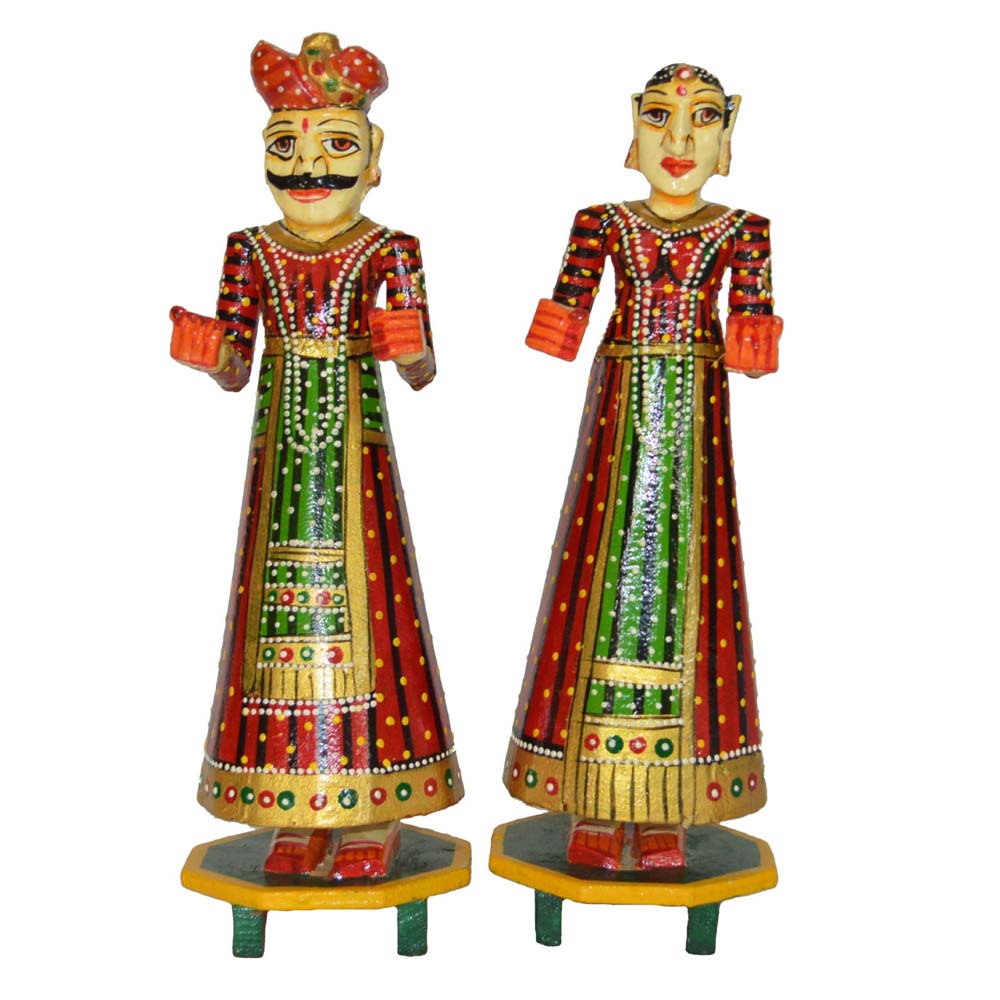 Handcrafted Wooden Rajasthani Couple Figurine Set with vibrant traditional attire