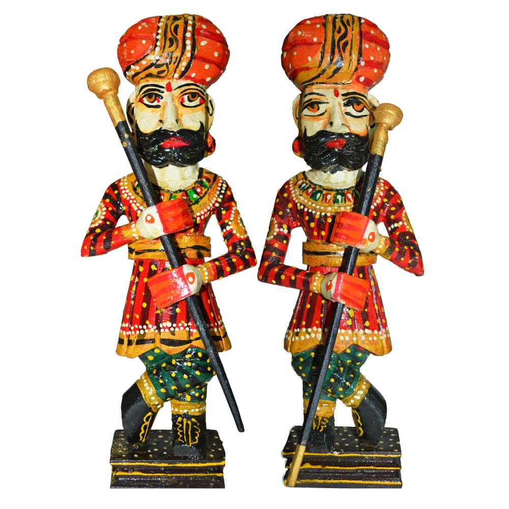 Handcrafted Wooden Rajasthani Guards Figurine Set (Chowkidar) with traditional attire and vibrant hand-painted details