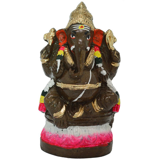 Ganesha Idol - Brown With White And Pink Accents