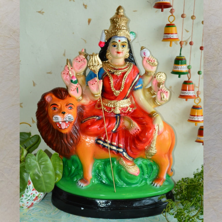 Handcrafted Goddess Durga on Lion Navaratri Golu Doll with vibrant colors, intricate detailing, and a traditional pose, perfect for festive displays.