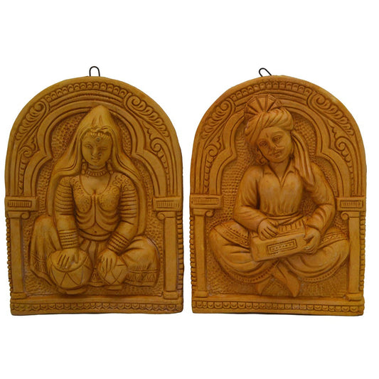 Terracotta Rajasthani Wall Hanging Pair – Musician & Dancer (Wood Finish)