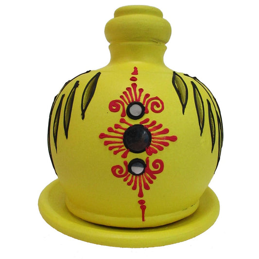 Decorative Earthen Pot With Mirrored & Painted Motifs - Yellow
