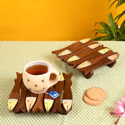 Handcrafted Wooden Tea Coaster – Fish Motif Design (Set Of 2)