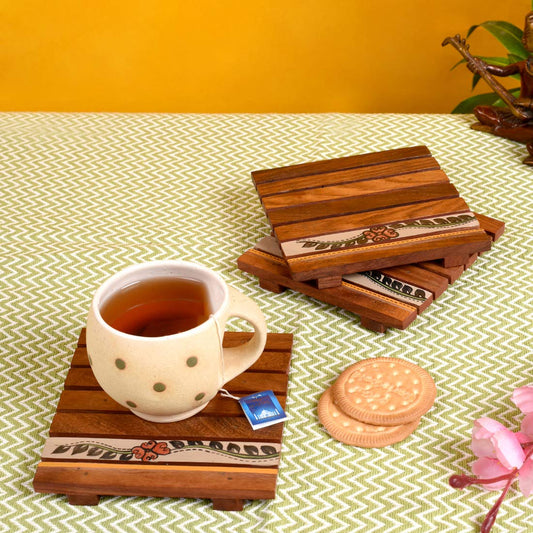 Hand-Painted Brown Wooden Coasters – Set Of 2 Rustic Tea Mats