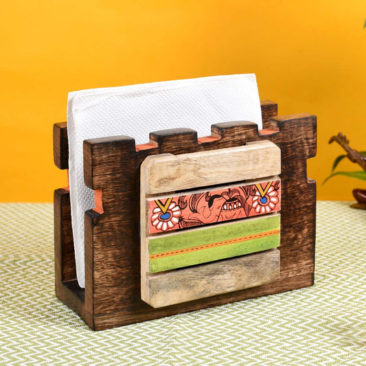 Handcrafted Wooden Napkin Holder With Tribal Warli Art