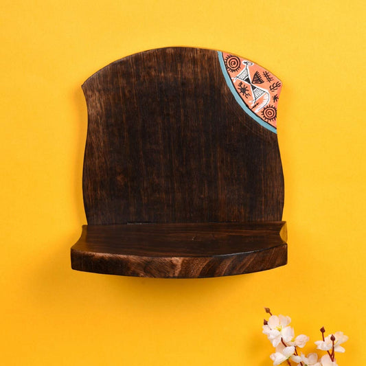 Handcrafted Wooden Wall Shelf – Brown With Painted Motif