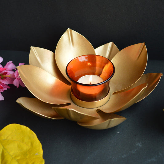 Lustre Lotus Diya – 8" Metallic Bloom Tealight Holder