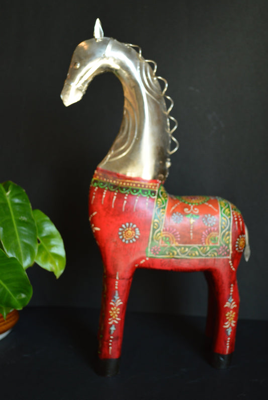 Handcrafted Wooden Horse Figurine – Red Body With Silver Neck Accent