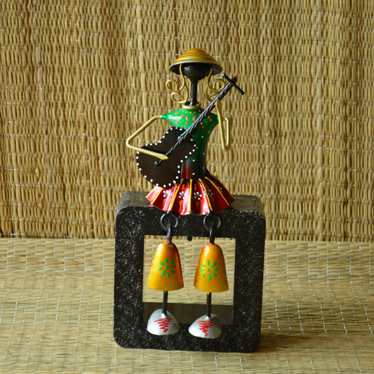 Wrought Iron Musical Girl Figurine Playing Instrument On Block - Green