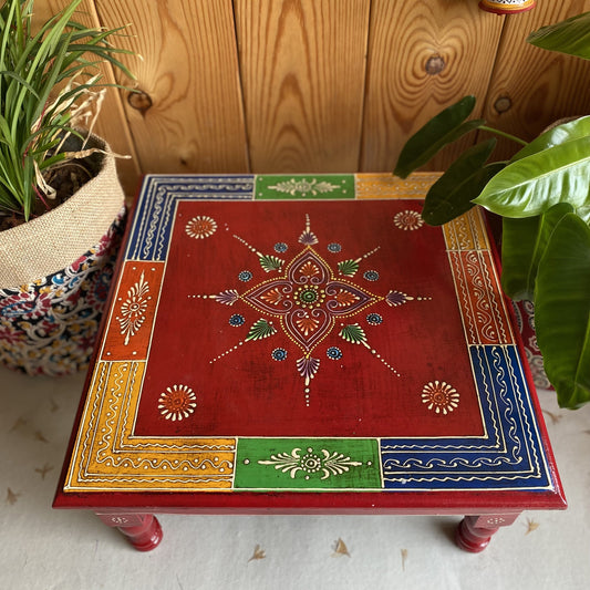 Hand-Painted Wooden Chowki – Multicolor Traditional Pooja Bajot With Mirror Work