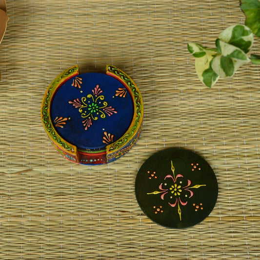 Hand-Painted Wooden Tea Coaster Set With Holder