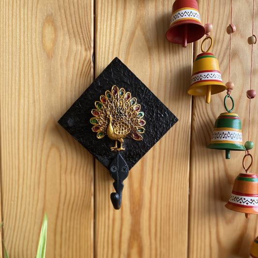 Lustre Peacock Motif Single Key Hook - Black With Embellishments