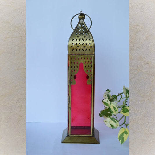 Lustre Metal Moroccan-Style Metal Lantern – Pink Glass Lustre Lamp For Ethnic & Festive Decor