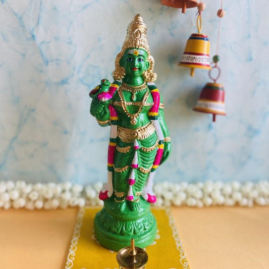Handcrafted small Goddess Meenakshi idol in green attire with pink and gold accents for Navaratri Golu.
